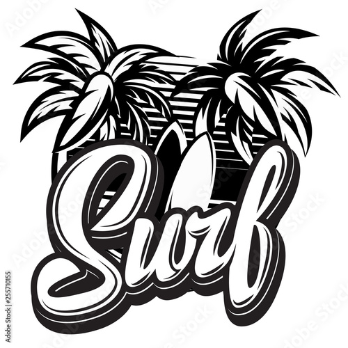 Vector monochrome calligraphic inscription surfing with board