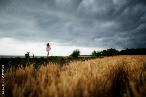 beautiful rockenroll hipster fashion red-haired girl go in field in stormy day and clouds
