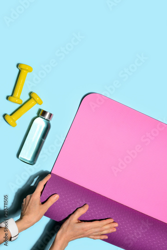 Flat lay fitness background with blank space for a text