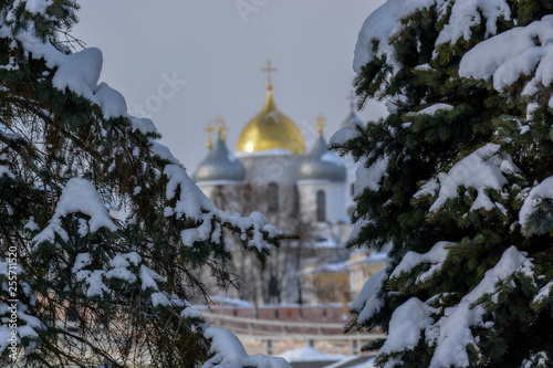 View of St. Sophia Cathedral through the trees. Velikiy Novgorod