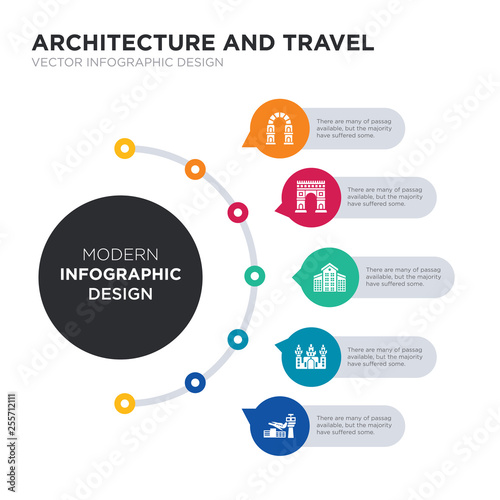 modern business infographic illustration design contains airport, angkor wat, apartments, arc de triomphe, arch simple vector icons. set of 5 isolated filled icons. editable sign and symbols