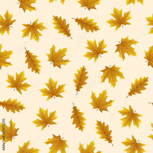 Seamless pattern with autumn leaves on yellow background, for any occasion