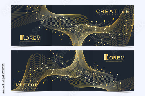 Modern vector template for trifold square brochure, flyer, cover, report, catalog, magazine. Business, science and technology design with golden dynamic waves, lines and particles.