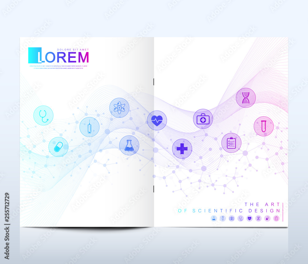 Fototapeta premium Modern vector template for brochure, leaflet, flyer, cover, catalog in A4 size. DNA helix, DNA strand, molecule or atom, neurons. Abstract structure for Science or medical background