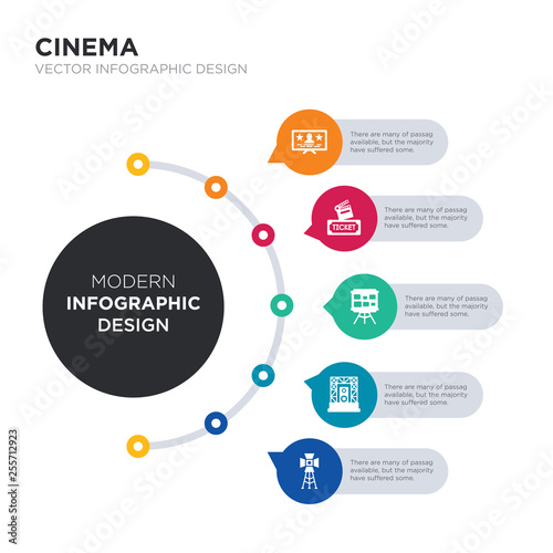 modern business infographic illustration design contains spotlight, stage, storyboard, studio, subtitle simple vector icons. set of 5 isolated filled icons. editable sign and symbols