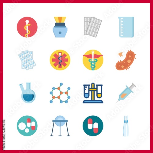 16 drug icon. Vector illustration drug set. retort and bacteria icons for drug works