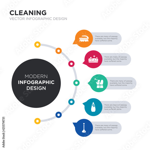 modern business infographic illustration design contains plunger, preservatives, sanitize, scouring pads, scrub brush simple vector icons. set of 5 isolated filled icons. editable sign and symbols