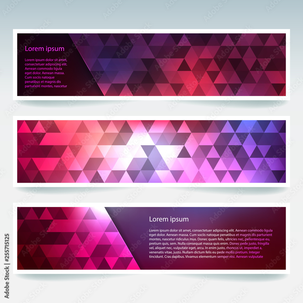 Horizontal banners set with polygonal triangles. Polygon background, vector illustration. Pink, purple, blue colors.