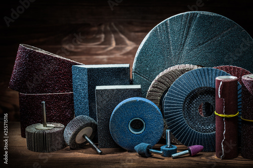 Photos abrasives on vintage wood background