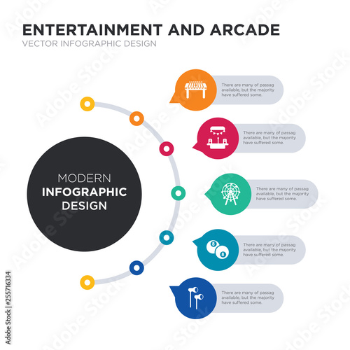 modern business infographic illustration design contains earphone, eight ball, ferris wheel, festival, foosball simple vector icons. set of 5 isolated filled icons. editable sign and symbols