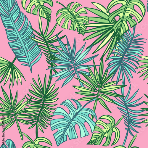 Tropical leafs background. Turquoise and green tropical leaves. Fashion, wrapping, interior, packaging suitable. hand drawn palm leaves on pink background. Summer pattern. Vector Illustration.