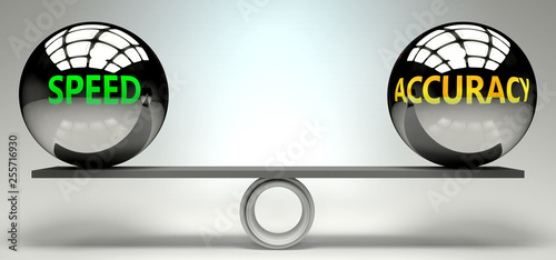 Speed and accuracy balance, harmony and relation pictured as two equal balls with  text words showing abstract idea and symmetry between two symbols and real life concepts, 3d illustration