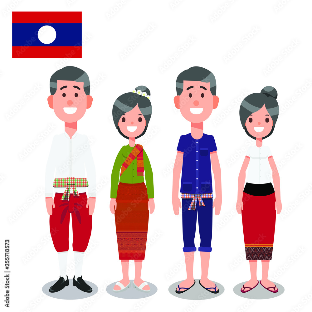 Naklejka premium Man and Woman in Laos Traditional formal and Informal Nation Costume With Flag