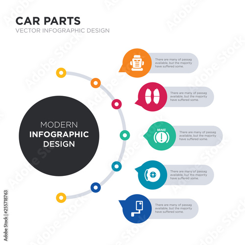 modern business infographic illustration design contains car wing mirror, car brake, car brake light, brake pad, bucket seat simple vector icons. set of 5 isolated filled icons. editable sign and