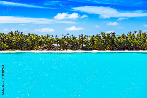 Fototapeta Naklejka Na Ścianę i Meble -  Stunning tropical Aitutaki island with palm trees, white sand, turquoise ocean water and blue sky at Cook Islands, South Pacific. Copy space for text.