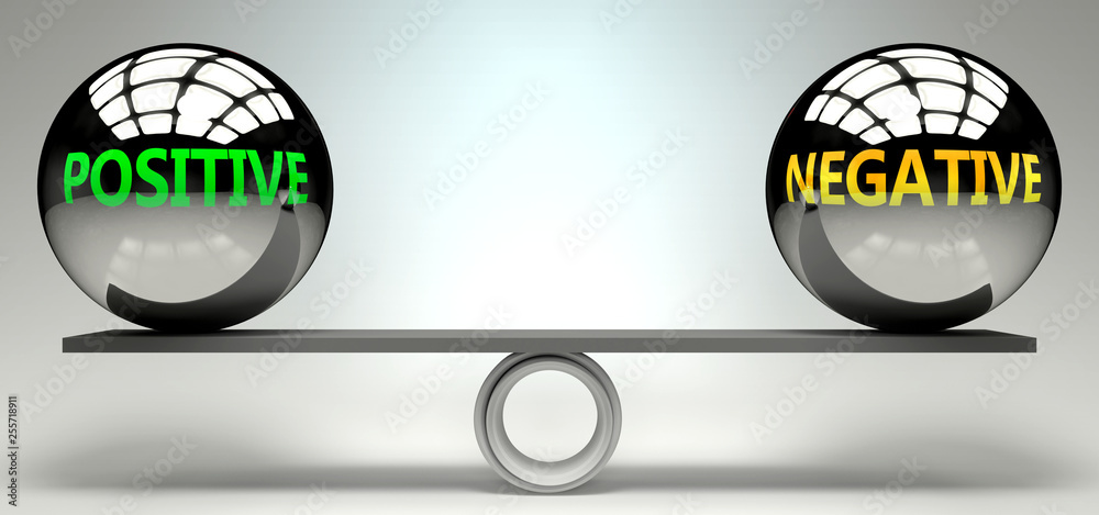 Positive and negative balance, harmony and relation pictured as two equal  balls with text words showing abstract idea and symmetry between two  symbols and real life concepts, 3d illustration Stock Illustration