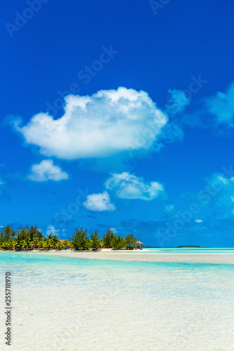 Stunning tropical Aitutaki island with palm trees, white sand, turquoise ocean water and blue sky at Cook Islands, South Pacific. Copy space for text. Vertical.