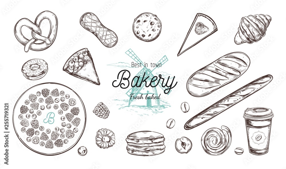 Bakery hand drawn vector top view illustration, collection. Hand drawn sketch with bread, pastry, sweets, cakes, coffee and croissant. Isolated objects Bakery hand drawn vector top view illustration, collection. Hand drawn sketch with bread, pastry, sweets, cakes, coffee and croissant. Isolated objects