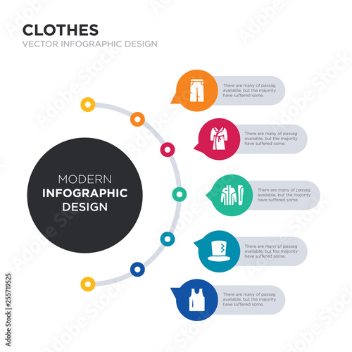 modern business infographic illustration design contains tanktop, top hat, tracksuit, trench coat, trouser simple vector icons. set of 5 isolated filled icons. editable sign and symbols
