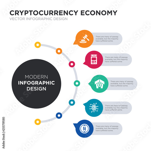 modern business infographic illustration design contains altcoin, ardor, asset, atm, auction hammer simple vector icons. set of 5 isolated filled icons. editable sign and symbols