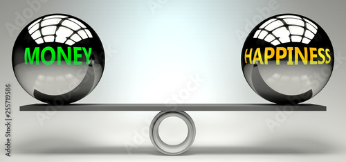 Money and happiness balance, harmony and relation pictured as two equal balls with text words showing abstract idea and symmetry between two symbols and real life concepts, 3d illustration