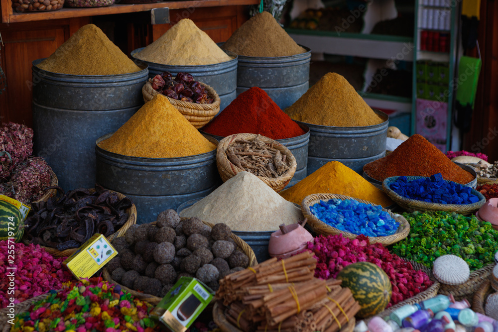 Fototapeta premium Selection of colourful herbs, spices, soaps and other craft products being sold in the souks of the Medina of Marrakesh (Marrakesh, Morocco, Africa)
