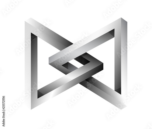 Silver metallic impossible triangle figure. Vector illustration, logotype with two impossible triangles.