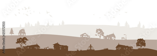 brown grey vector landscape with trees fountain birds and village