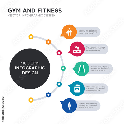 modern business infographic illustration design contains stretching punching ball, supplement, swedish wall, swim, trainer simple vector icons. set of 5 isolated filled icons. editable sign and
