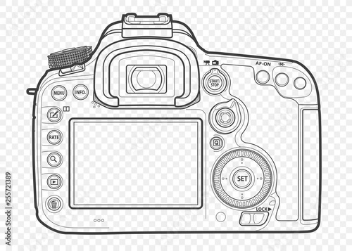 Outline vector illustration of reflex slr camera with lens in front, drawn with lines