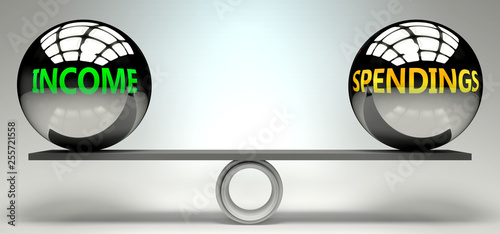 Income and spendings balance, harmony and relation pictured as two equal balls with text words showing abstract idea and symmetry between two symbols and real life concepts, 3d illustration