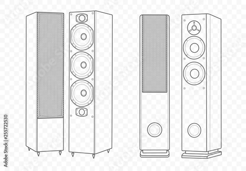 Vector isolated outline illustration of hi-fi hi-end speakers. Multimedia acoustics for music play and voice record with subwoofer