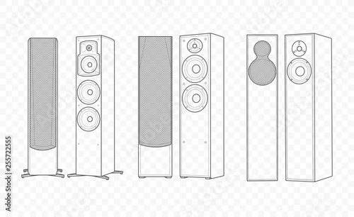Vector isolated outline illustration of hi-fi hi-end speakers. Multimedia acoustics for music play and voice record with subwoofer