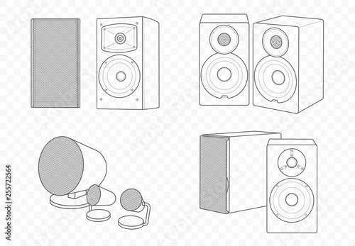 Vector isolated outline illustration of hi-fi hi-end speakers. Multimedia acoustics for music play and voice record with subwoofer photo