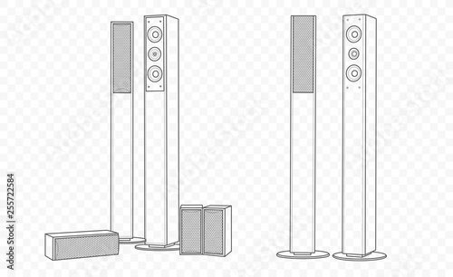 Vector isolated outline illustration of hi-fi hi-end speakers. Multimedia acoustics for music play and voice record with subwoofer