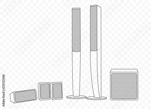 Vector isolated outline illustration of hi-fi hi-end speakers. Multimedia acoustics for music play and voice record with subwoofer