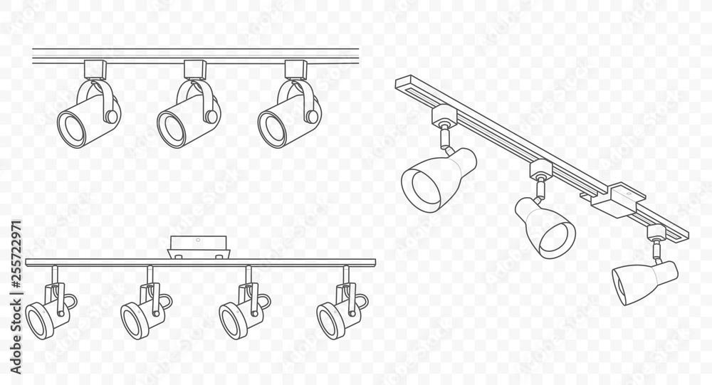 Led track lights and lamps with spotlights drawn set and collection in