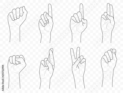 Vector outline hands pack and set with fingers, fist and palm in different poses