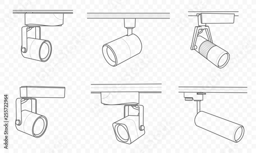 Led track lights and lamps with spotlights drawn set and collection in vector outline and contour, for interior loft design