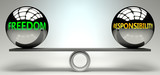 Freedom and responsibility balance, harmony and relation pictured as two equal balls with  text words showing abstract idea and symmetry between two symbols and real life concepts, 3d illustration