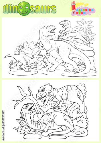 Cartoon prehistoric dinosaurs, coloring book, funny image