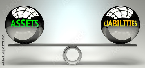 Assets and liabilities balance, harmony and relation pictured as two equal balls with  text words showing abstract idea and symmetry between two symbols and real life concepts, 3d illustration photo