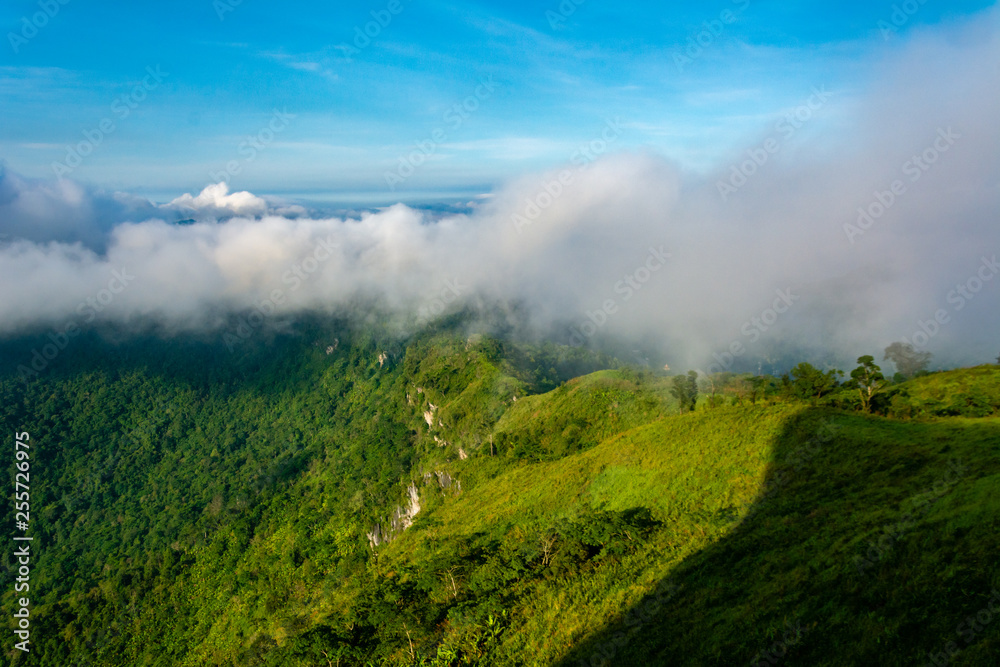 Beautiful mountain landscape in the Phu Chi fa National Park in Chiang Rai Province, Thailand.