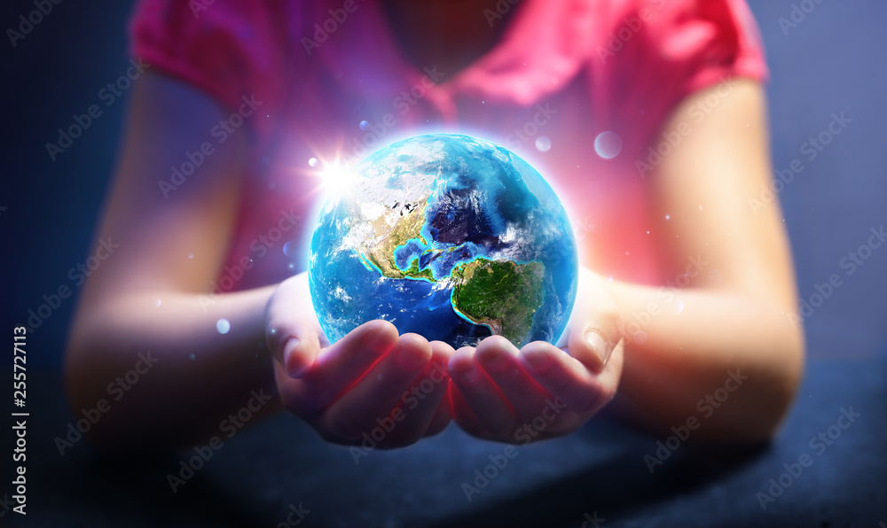 Child Hold World - Magic Of Life - Earth Day Concept - 3d Rendering - Usa elements of this image furnished by NASA
