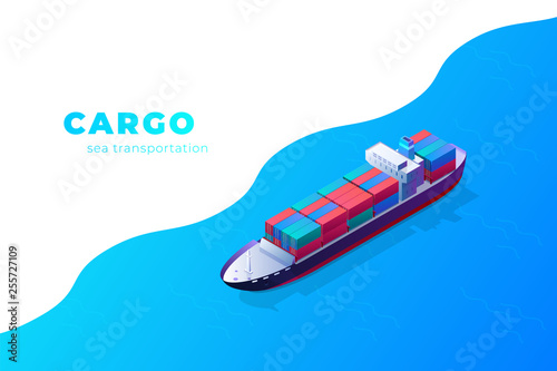 Isometric cargo ship container in the ocean transportation. illustration vector