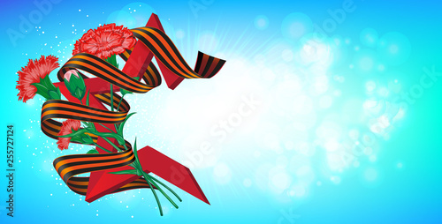 Red soviet star with carnation bouquet and Saint George ribbon to 9 May Victory Day Russian national holiday celebration greeting card poster or banner vector flowers illustration wit place for text