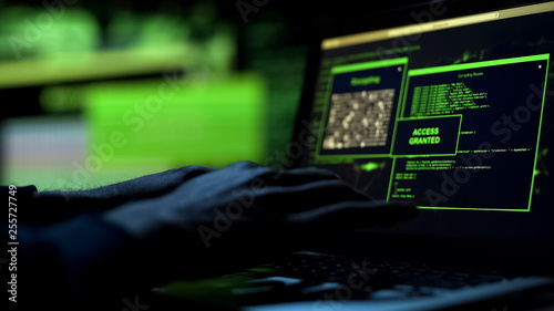Fotografie Close-up hacker hands working on laptop, selecting password, access granted