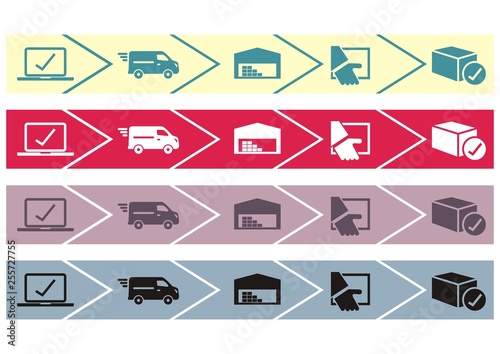 Package tracking online purchase, web vector icons. Four color variations icons.