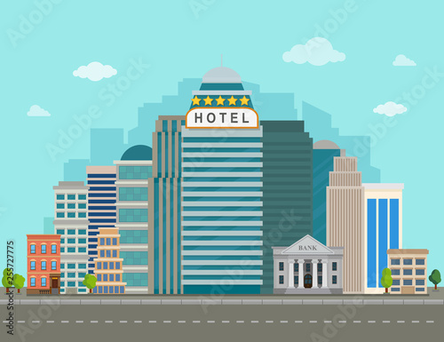 Fototapeta Naklejka Na Ścianę i Meble -  Hotel in cityscape. Urban landscape vector illustration. Vector illustration. Flat design.
