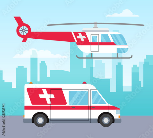 White and red ambulance helicopter and car, medical services concept, transport, vector illustration
